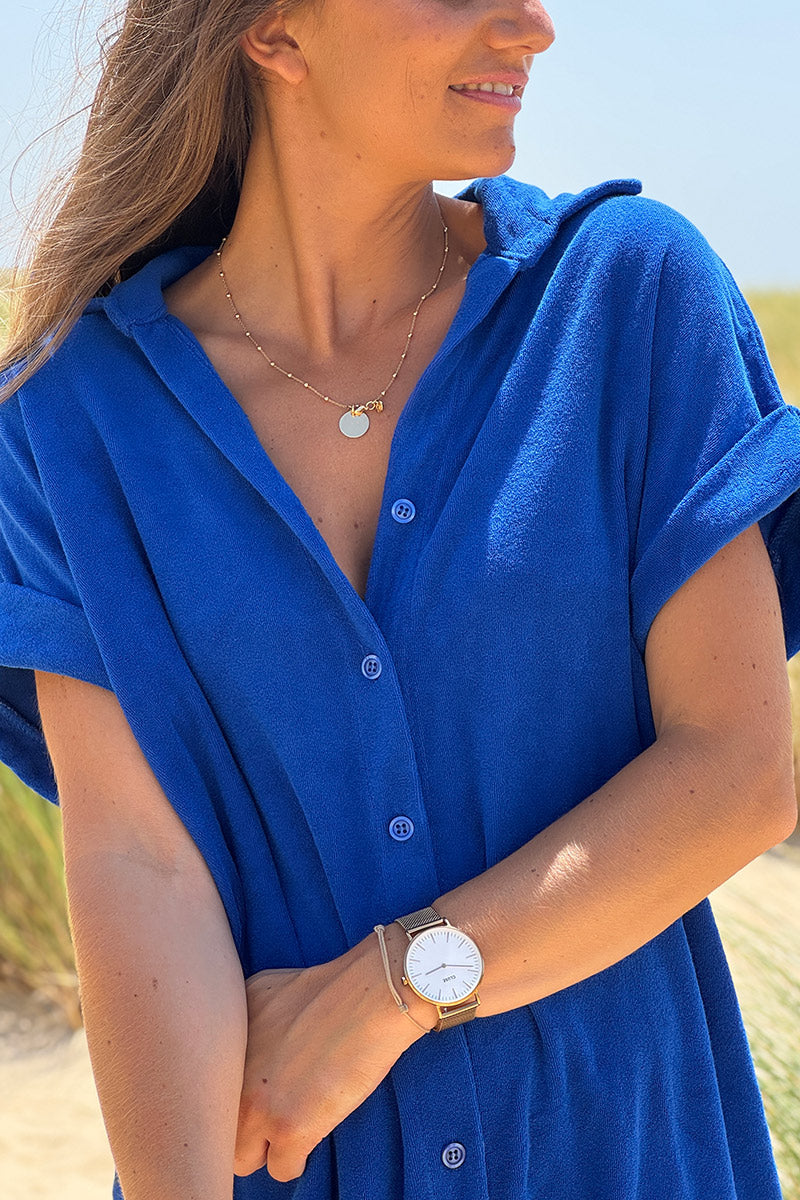 Robe eponge bleu roi col chemise et boutonnée