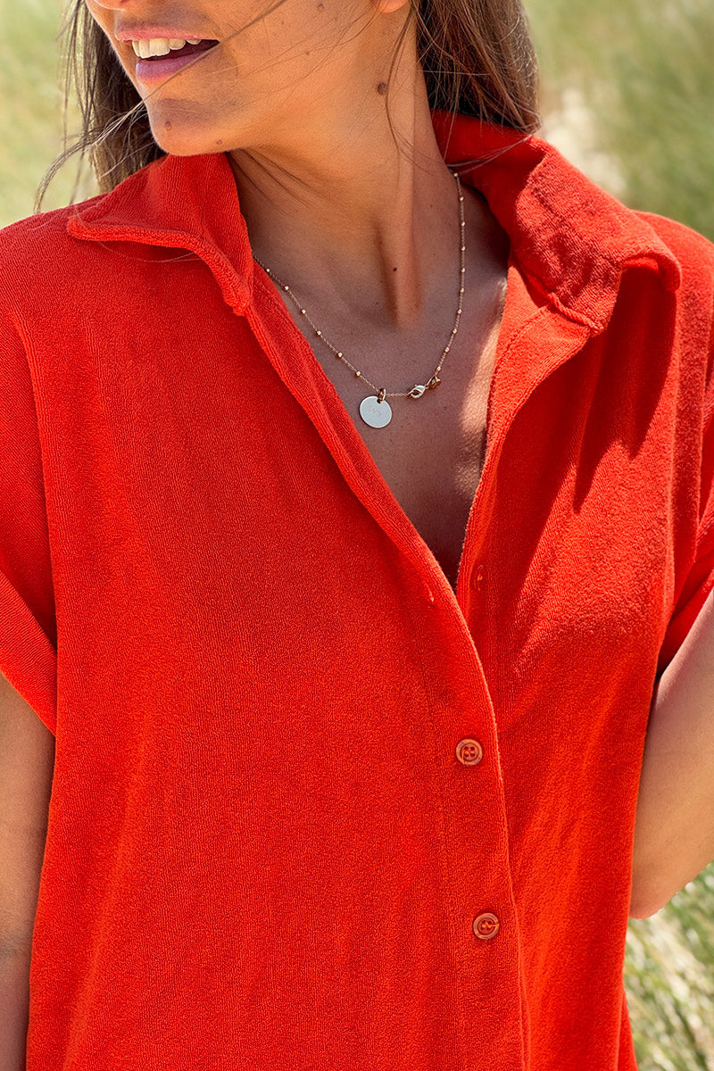 Robe eponge orange col chemise et boutonnée
