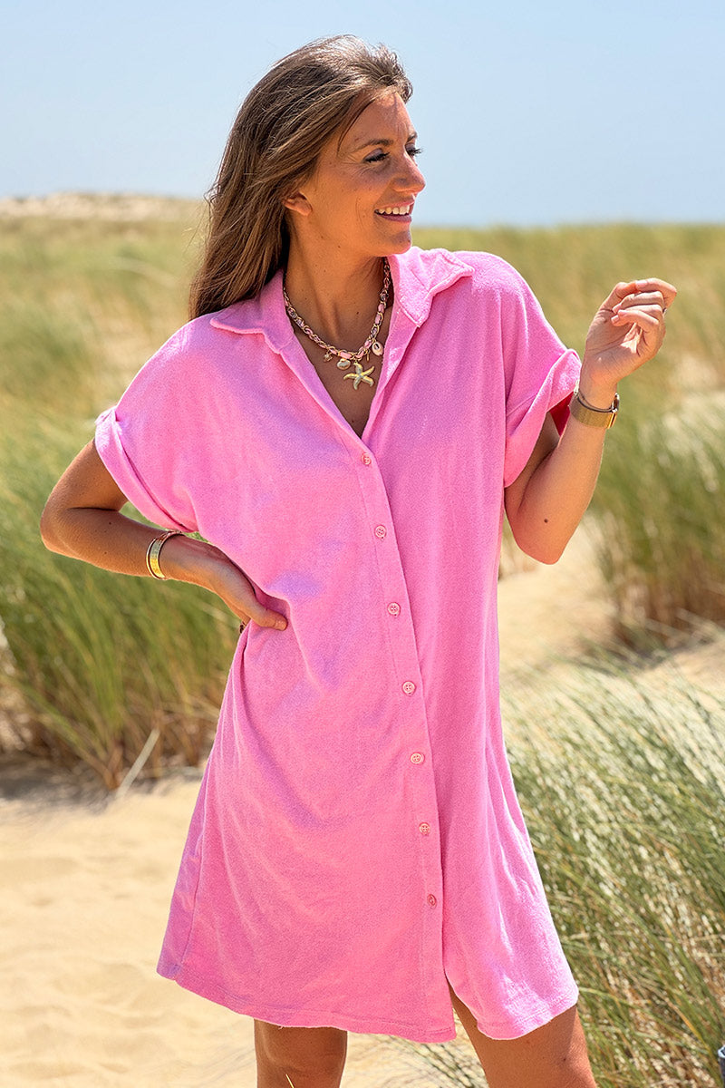 Robe eponge rose col chemise et boutonnée