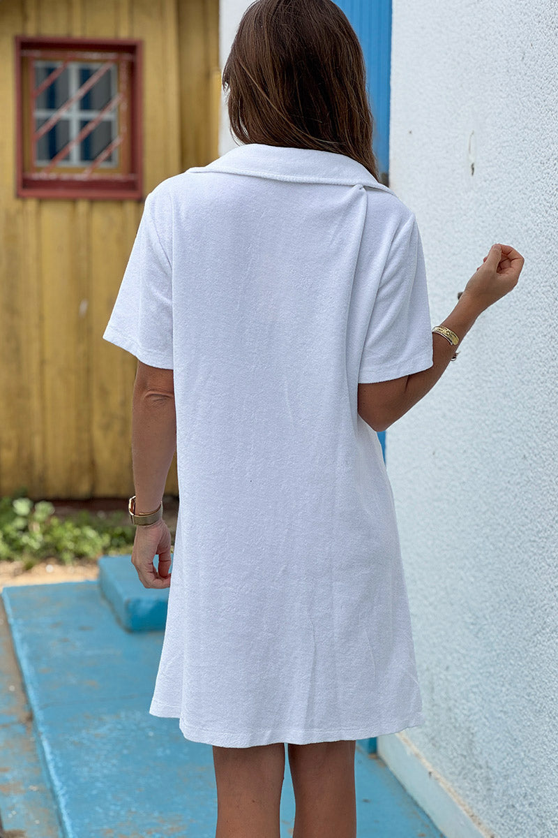 White Terry Cloth Collared V-Neck Dress