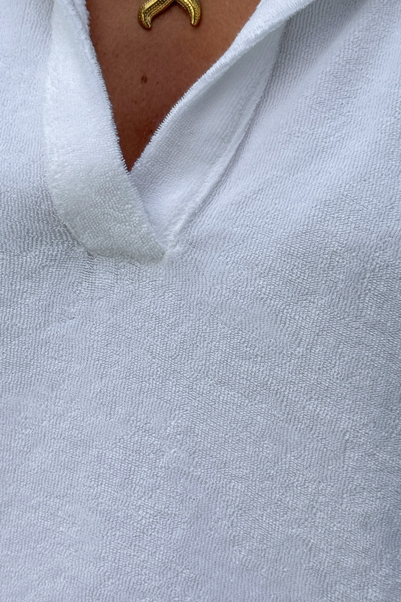 White Terry Cloth Collared V-Neck Dress