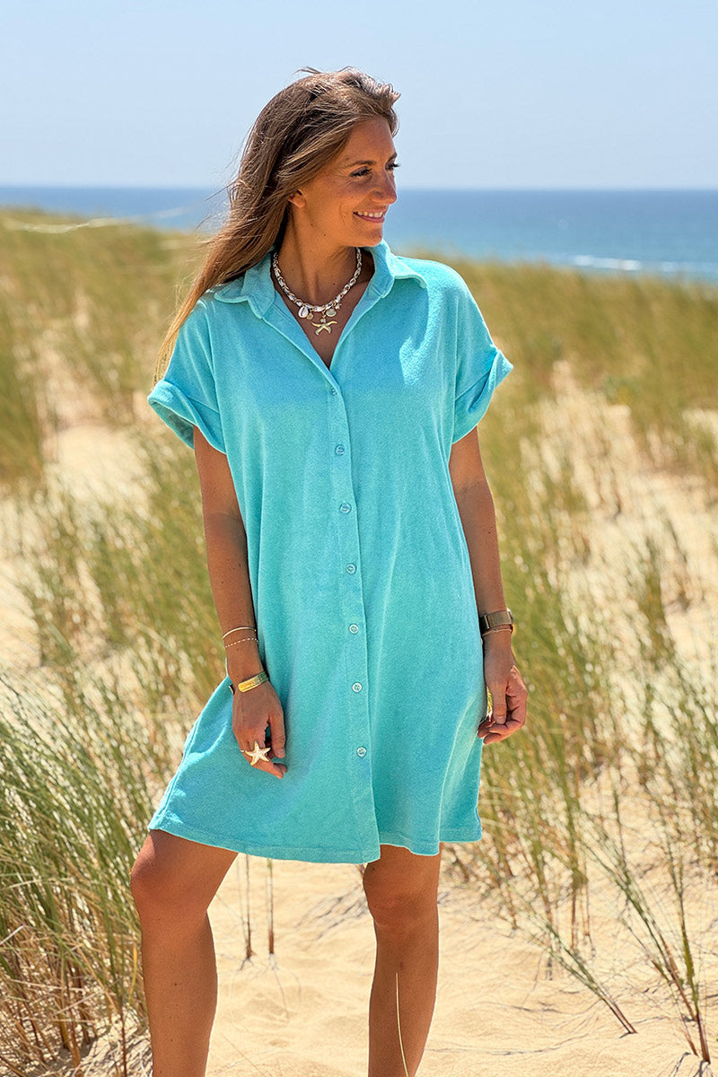 Turquoise Terry Cloth Button-Down Shirt Dress