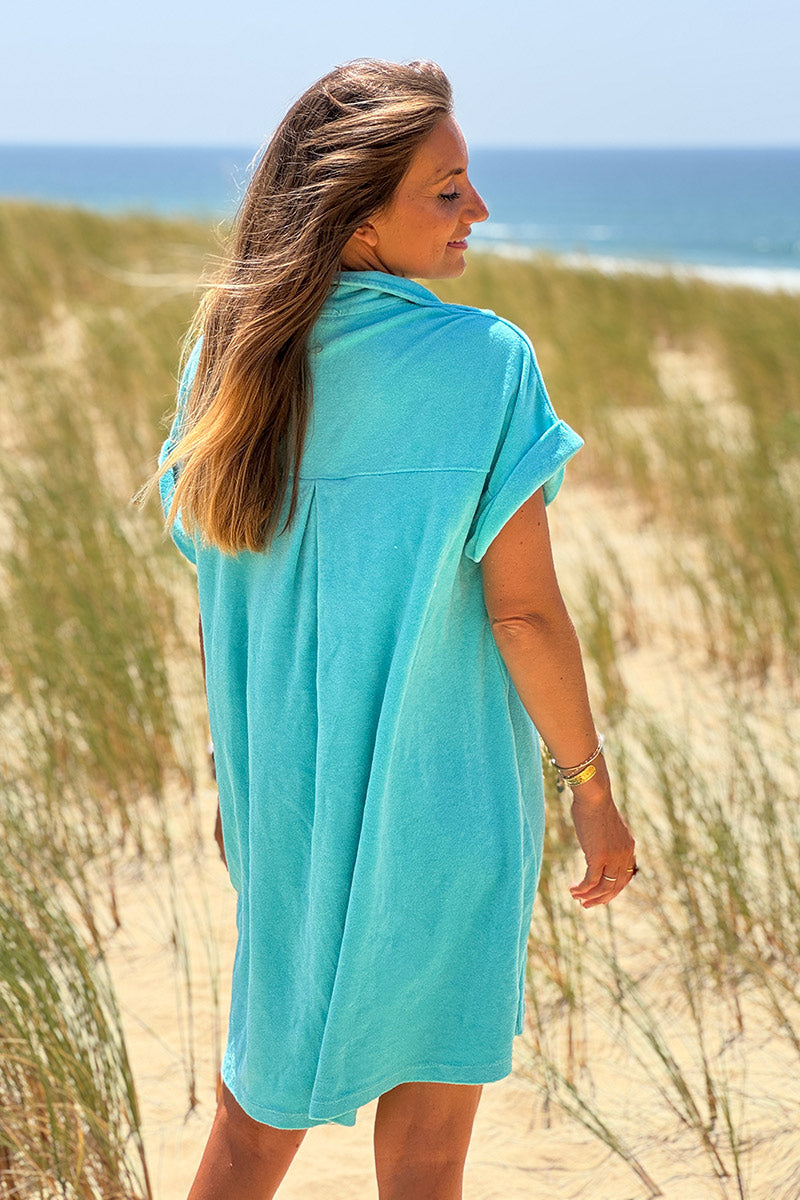Turquoise Terry Cloth Button-Down Shirt Dress