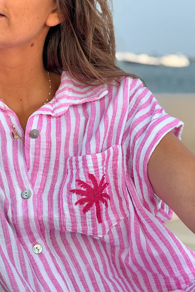 Pink Striped Palm Pocket Cabana Shirt Dress