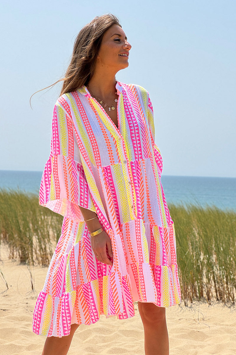 White Gauze Neon Stripe Tunic Dress