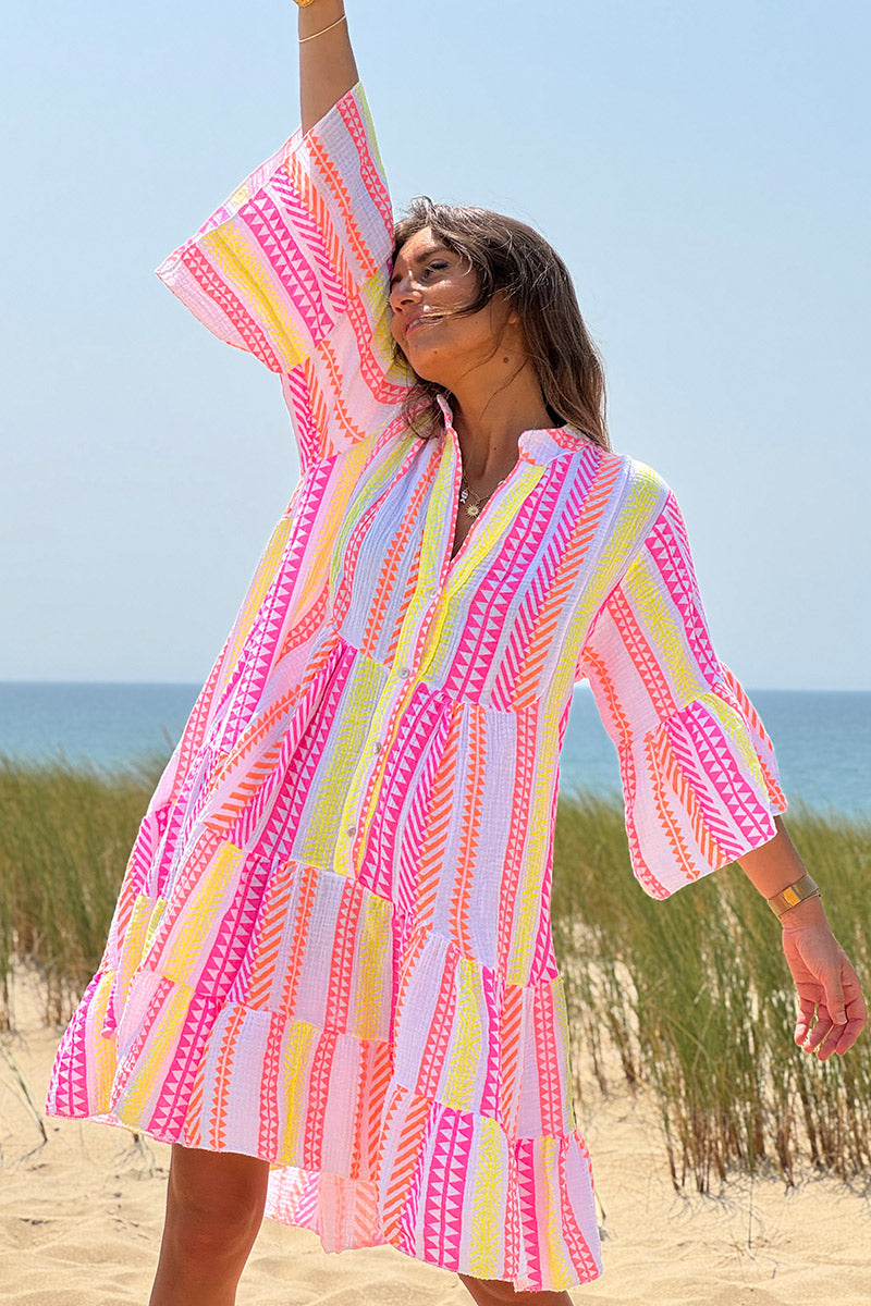 White Gauze Neon Stripe Tunic Dress