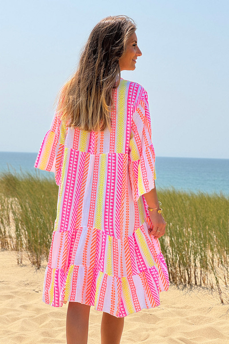 White Gauze Neon Stripe Tunic Dress