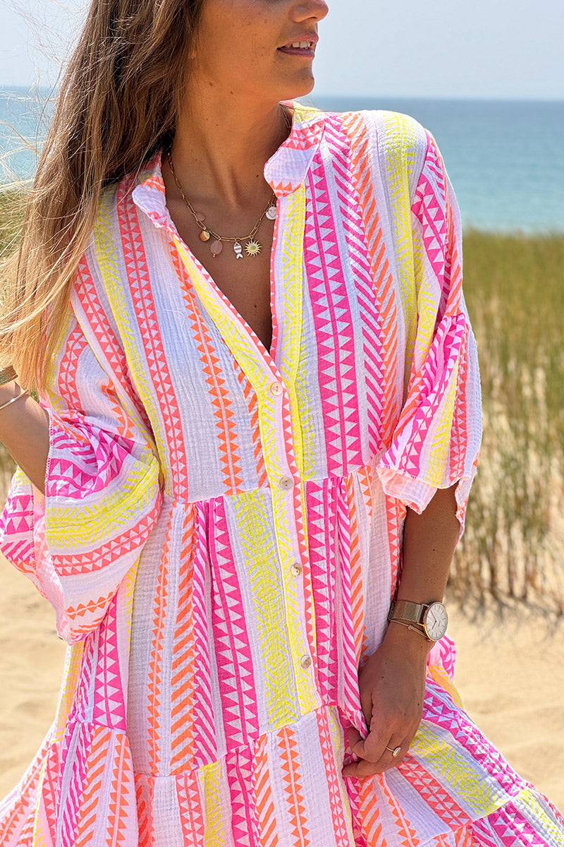 White Gauze Neon Stripe Tunic Dress