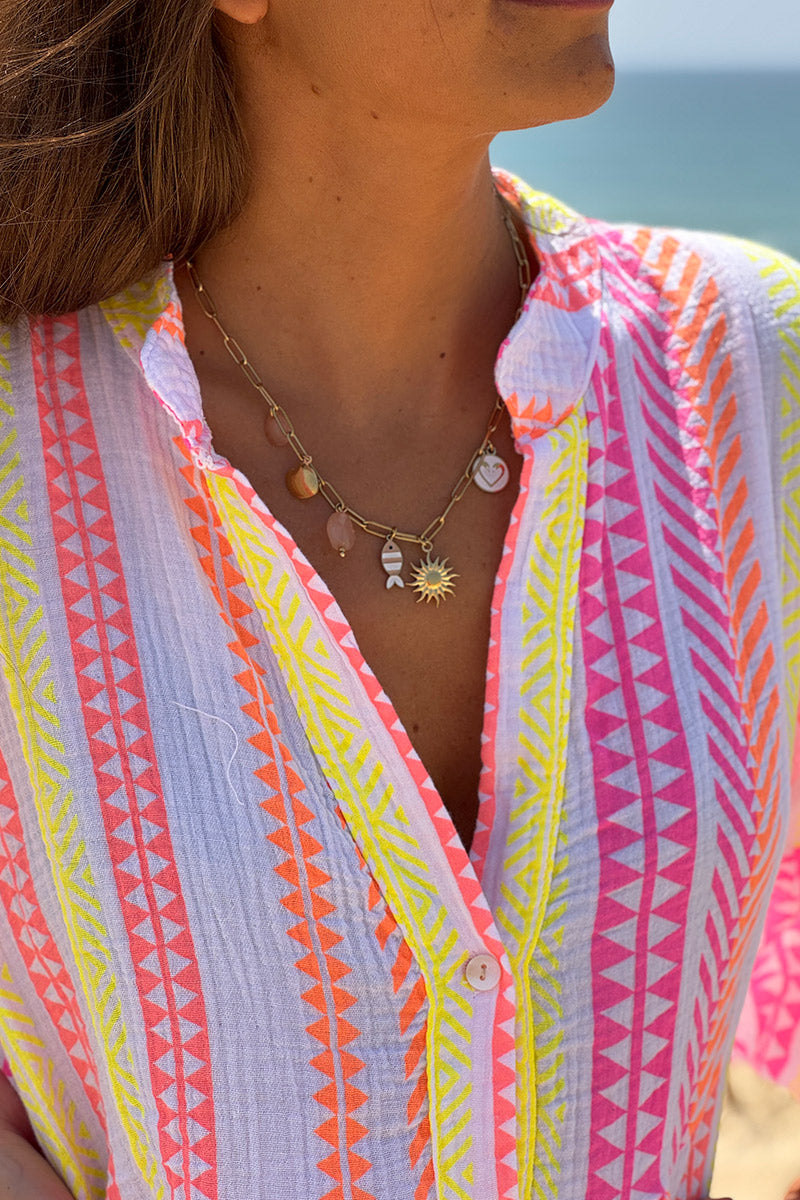 White Gauze Neon Stripe Tunic Dress