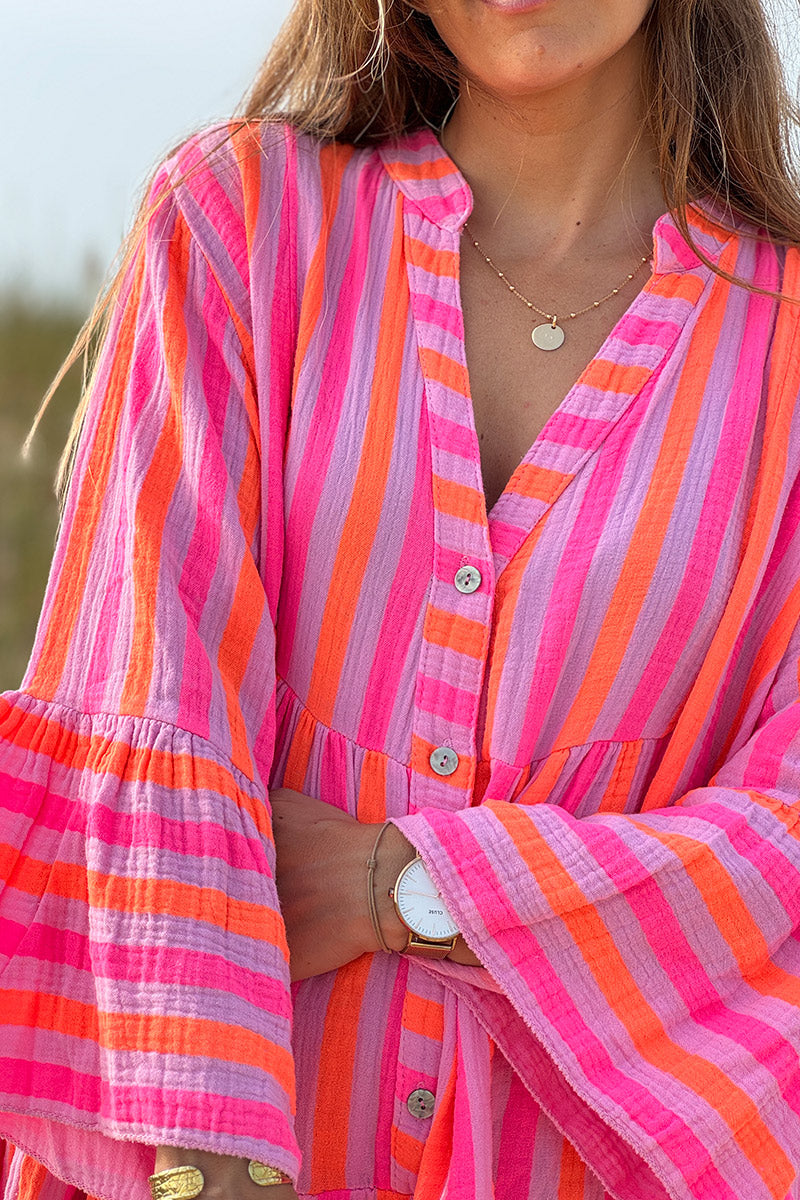 Robe en gaze de coton à volants imprimé rayures rose et orange fluo