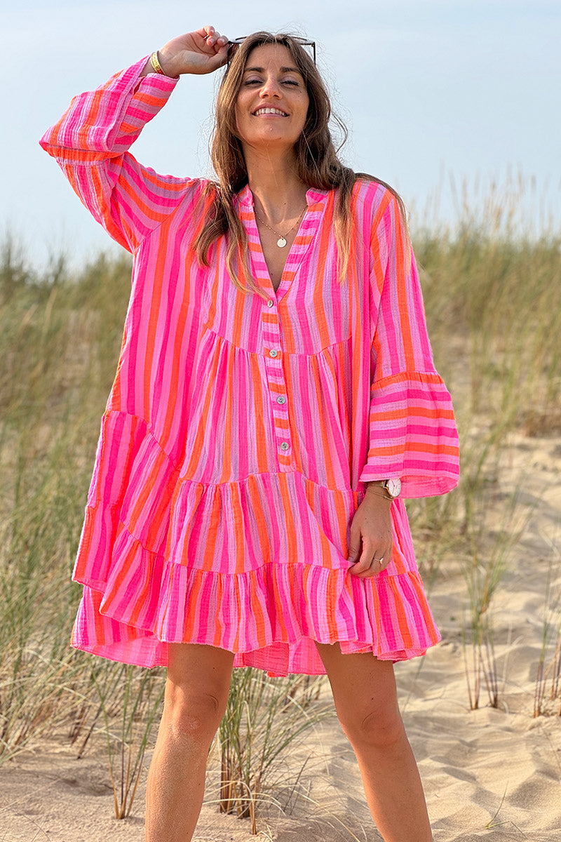 Robe en gaze de coton à volants imprimé rayures rose et orange fluo