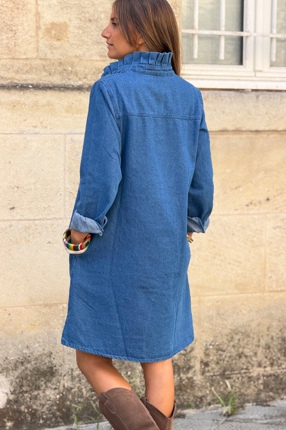 Blue Jean Chambray Ruffled Collar Denim Dress