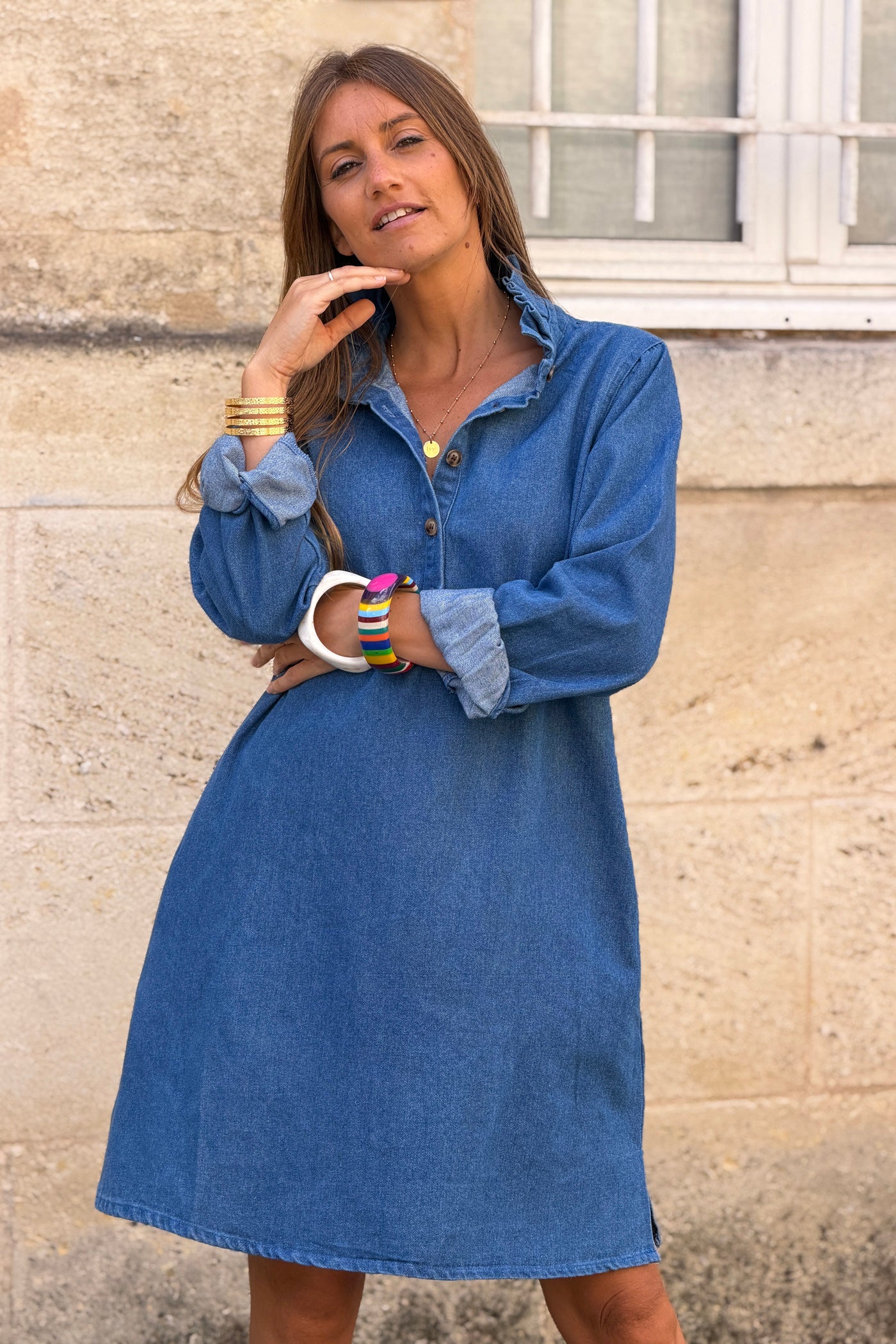 Blue Jean Chambray Ruffled Collar Denim Dress