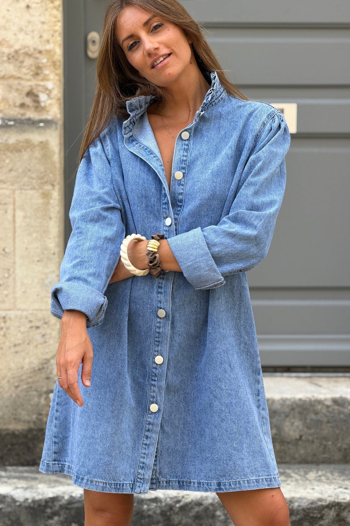 denim dress long Chambray Blue jean Ruff Collar Neck:16-16.5 50th Birthday Outfit Ideas live:3-20-26