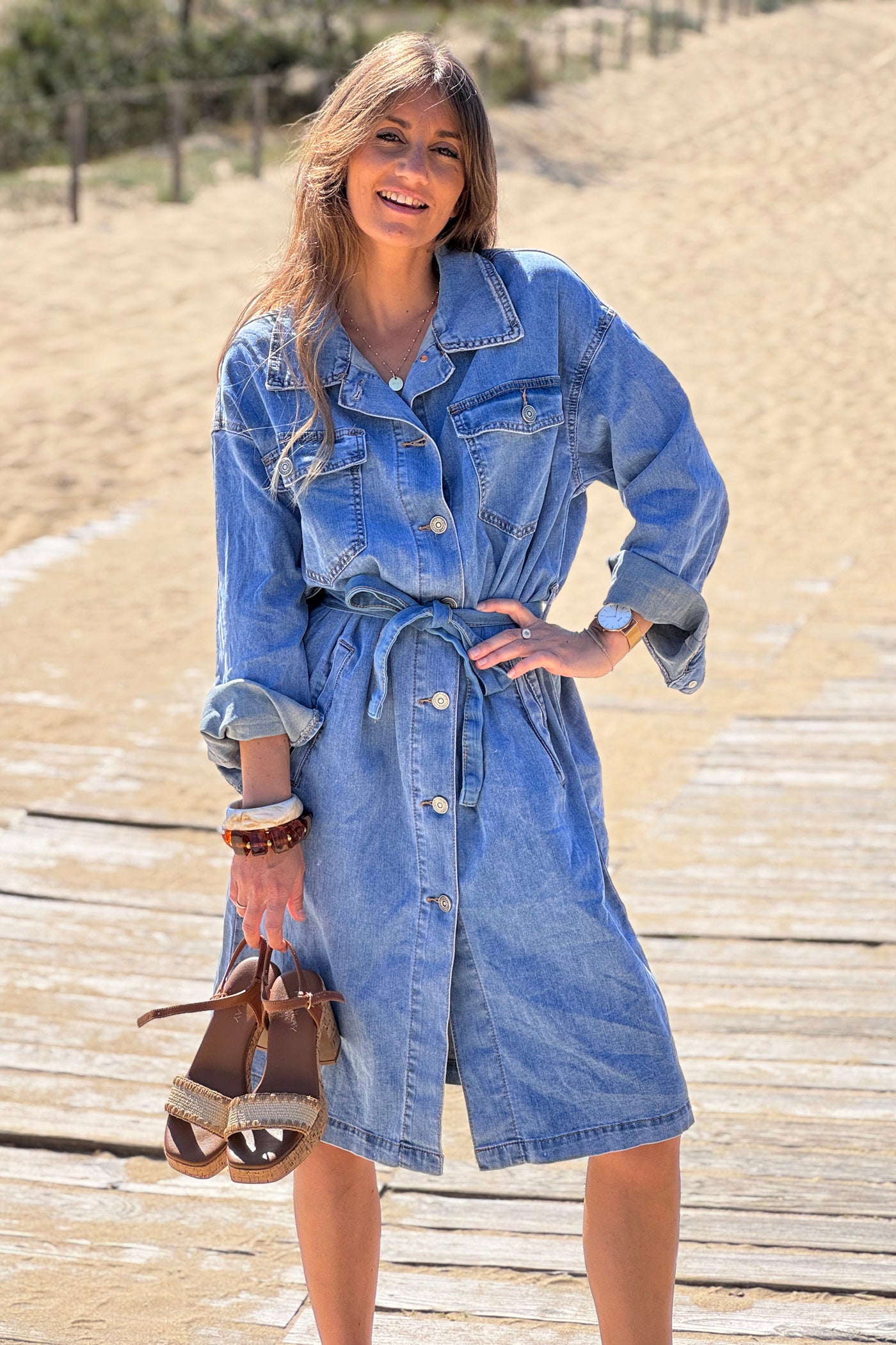 Chambray Denim Belted Dress