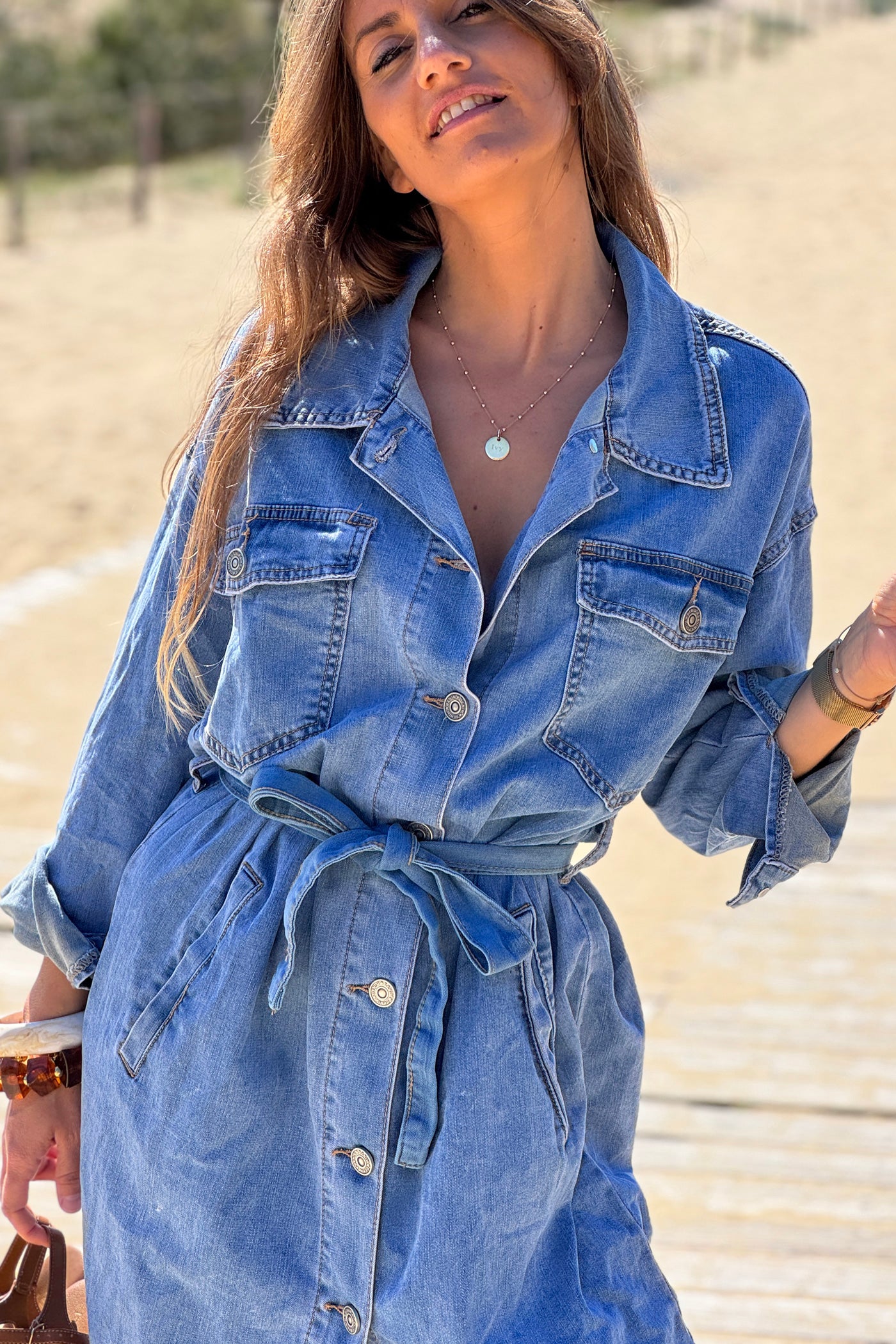 Chambray Denim Belted Dress