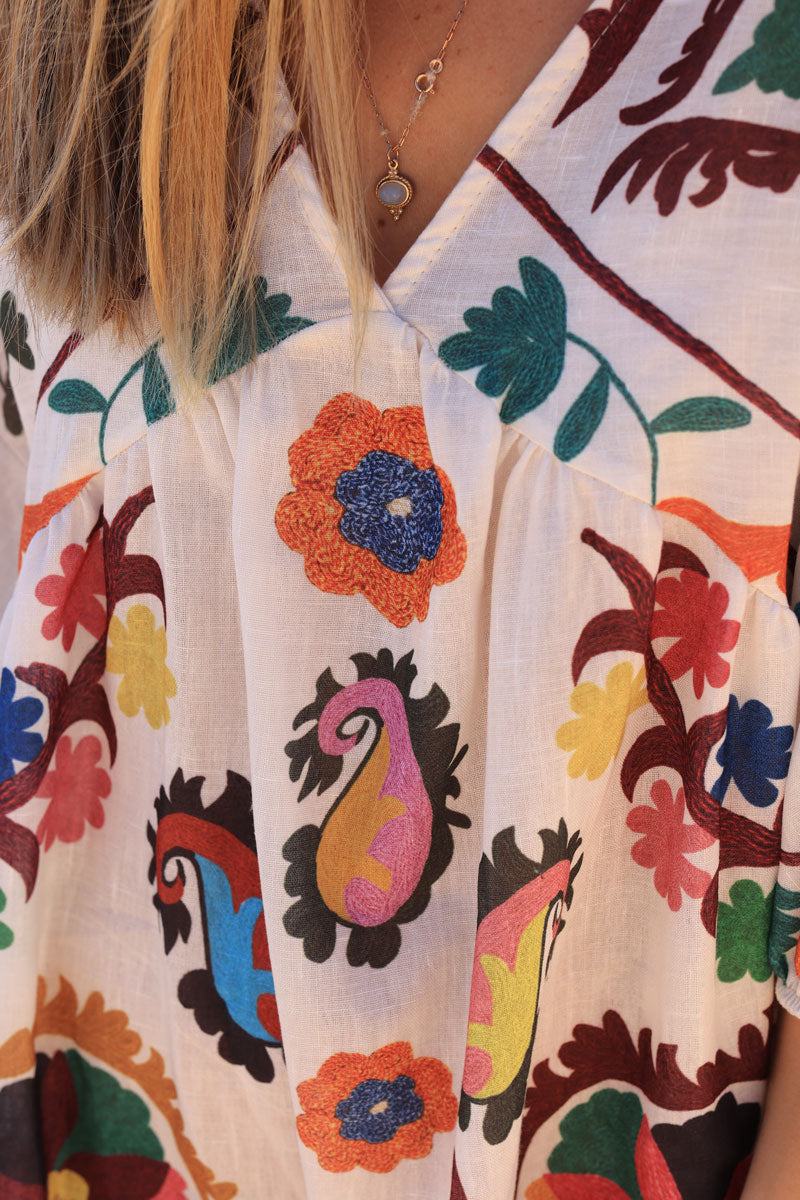 Robe en tissu style piqué imprimé dessins fleurs et grand cachemire multicolores