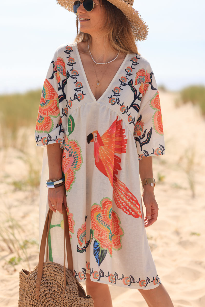 Robe en tissu style piqué imprimé perroquets et fleurs colorées