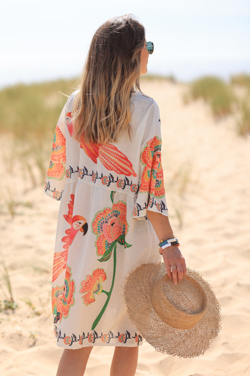 Robe en tissu style piqué imprimé perroquets et fleurs colorées