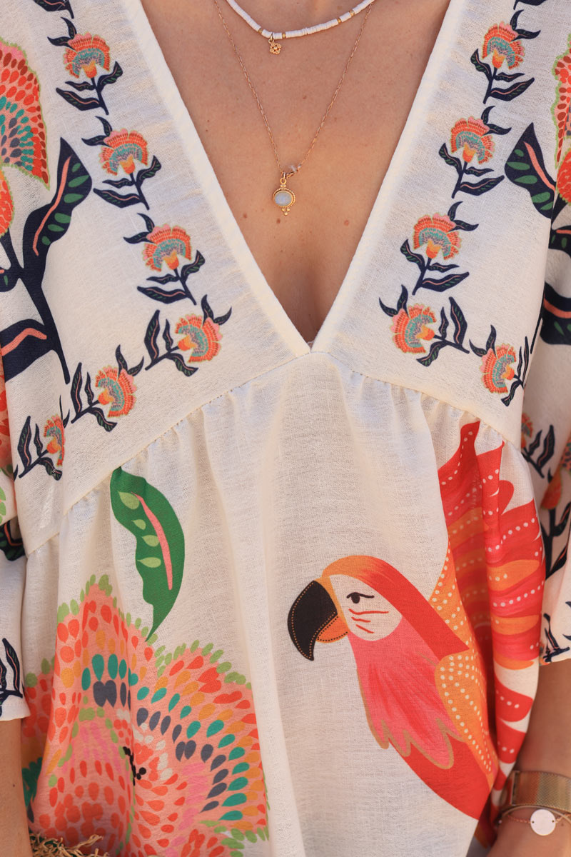 Robe en tissu style piqué imprimé perroquets et fleurs colorées