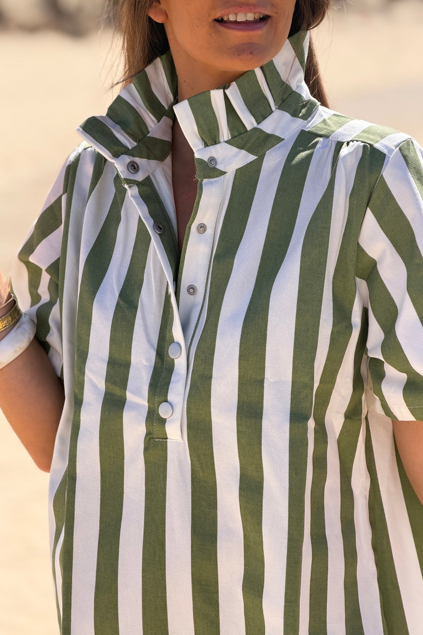 Olive Stripe Ruffle Neck Blouse