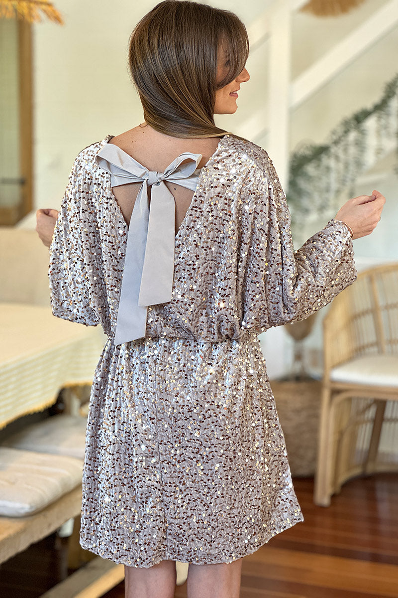 Silver Sequin Draped Dress with Metallic Woven Belt