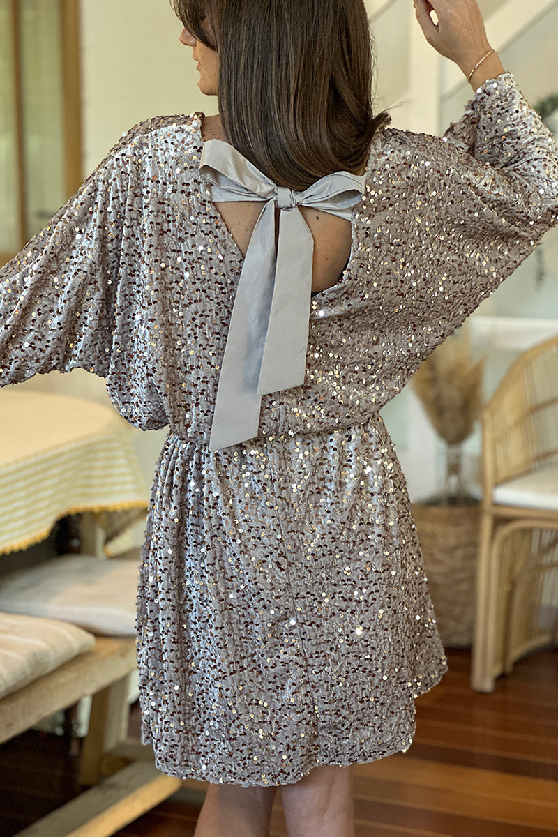 Silver Sequin Draped Dress with Metallic Woven Belt