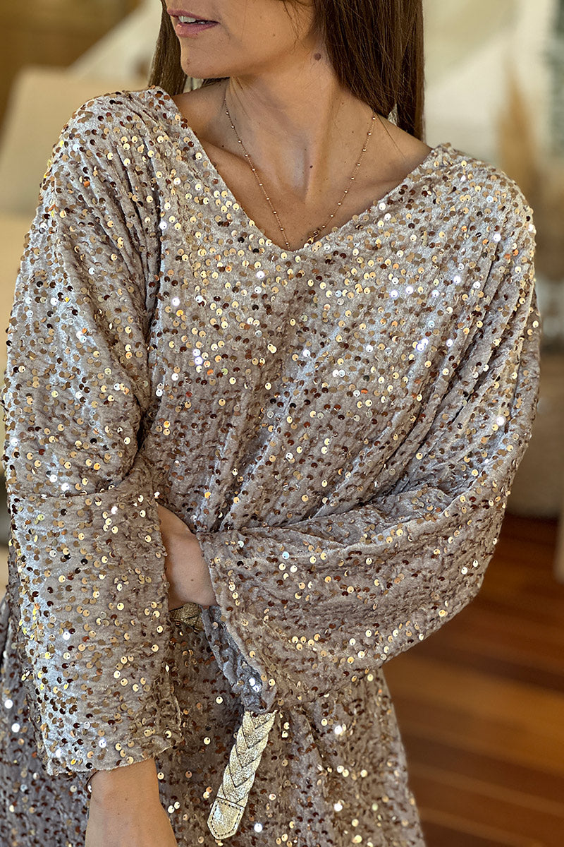 Silver Sequin Draped Dress with Metallic Woven Belt