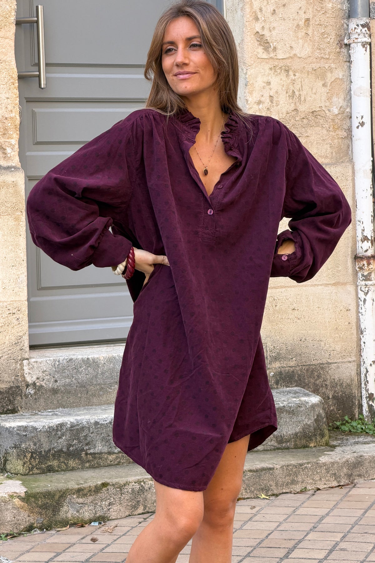 Aubergine Polka Dot Corduroy Dress