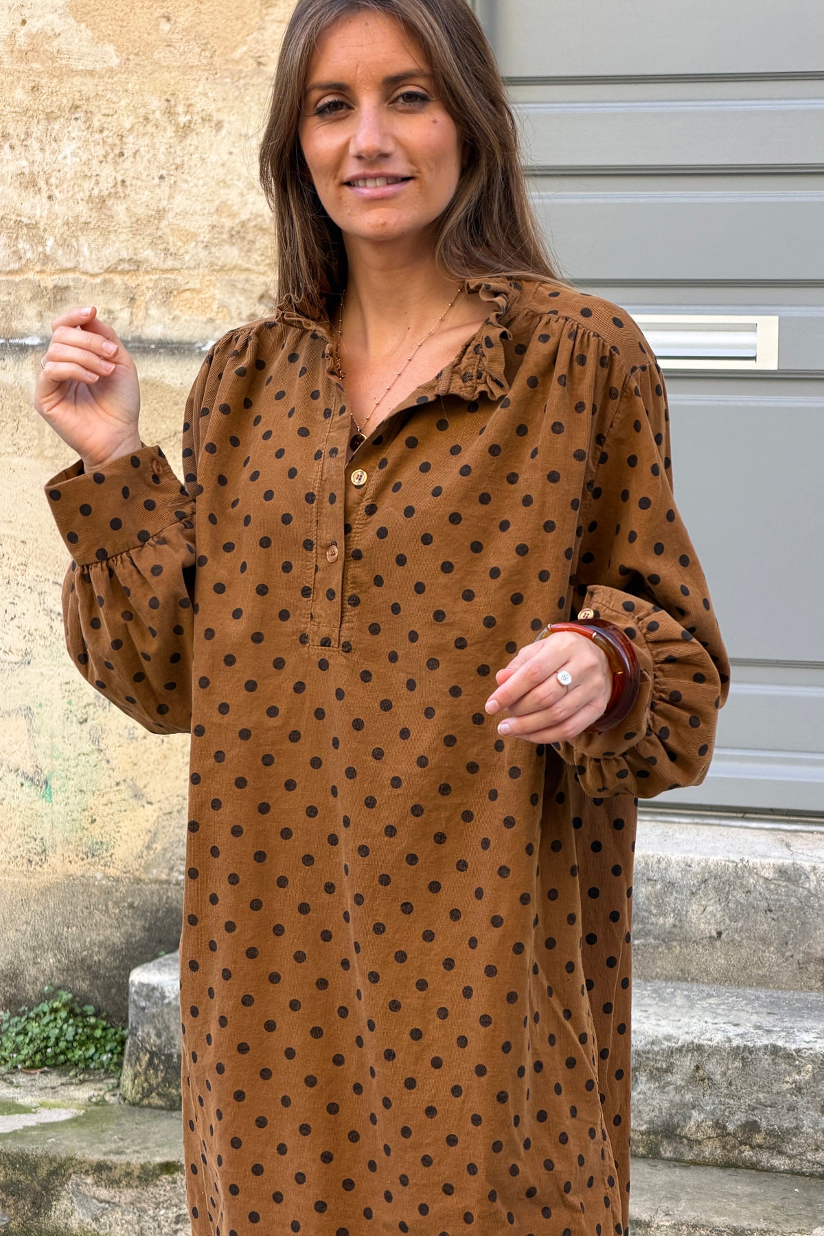 Camel Polka Dot Corduroy Dress