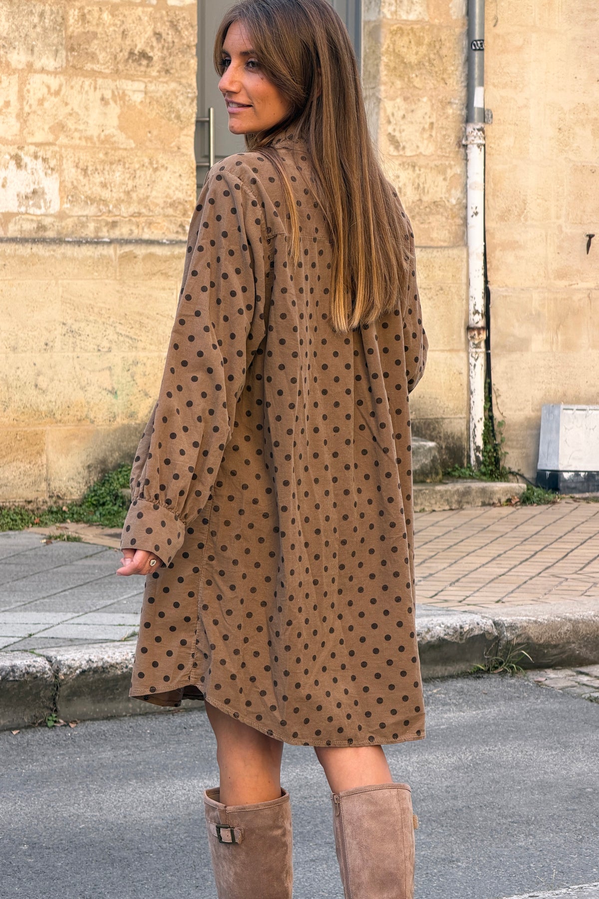 Taupe Polka Dot Corduroy Dress