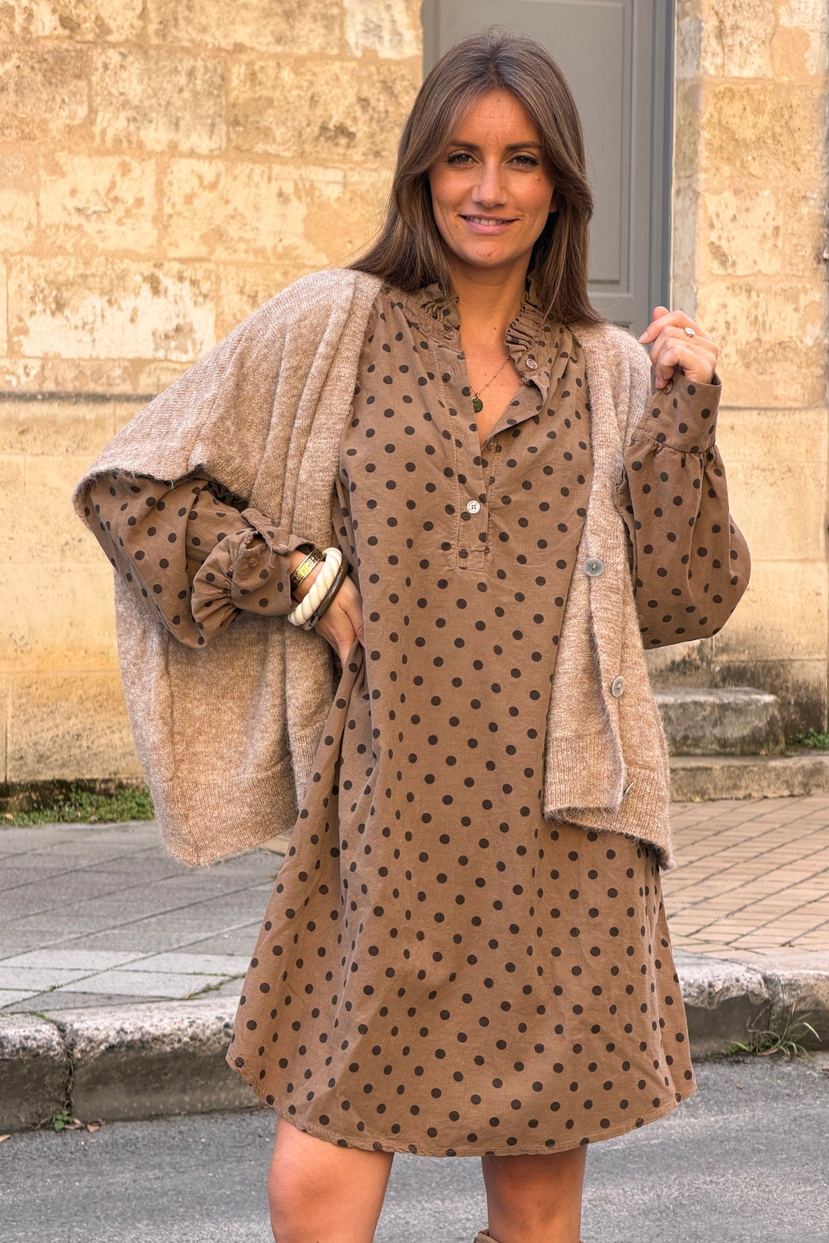 Taupe Polka Dot Corduroy Dress