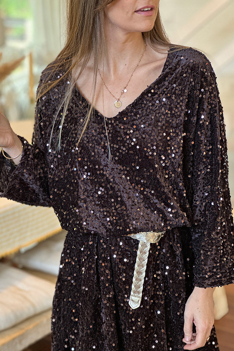 Chocolate Brown Sequin Draped Dress with Metallic Woven Belt