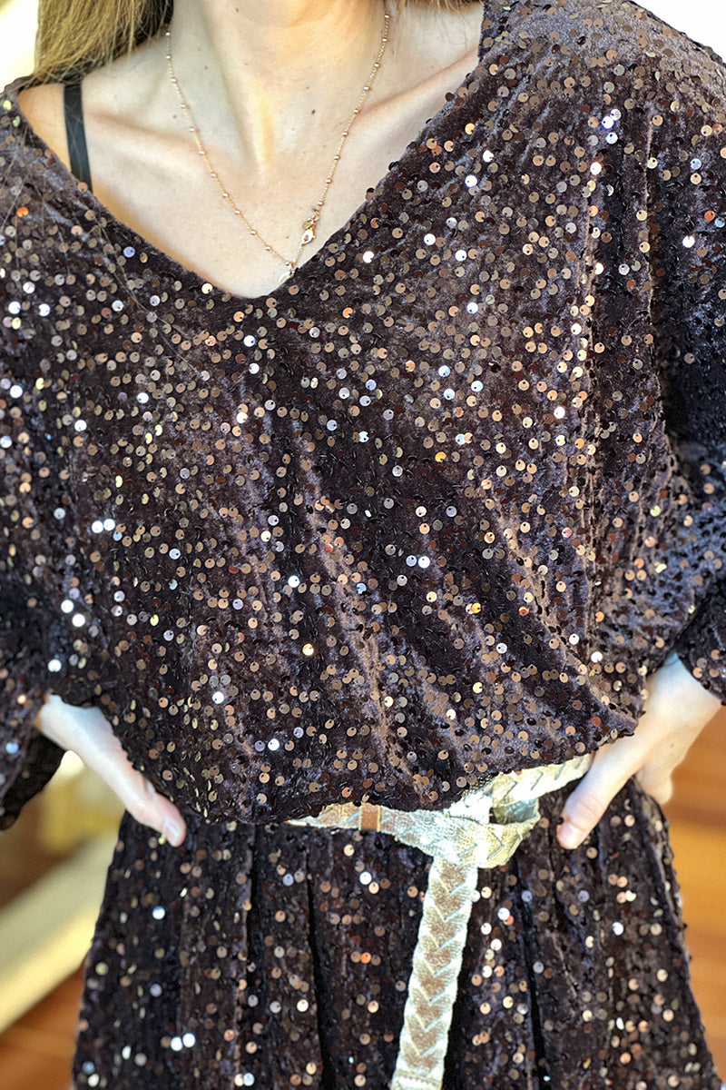 Chocolate Brown Sequin Draped Dress with Metallic Woven Belt