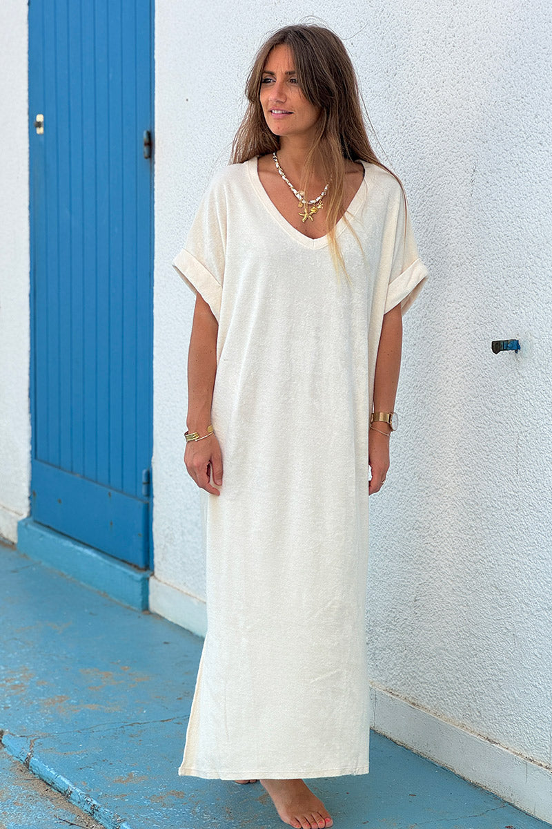 Cream Brushed Terry V-Neck Maxi Dress