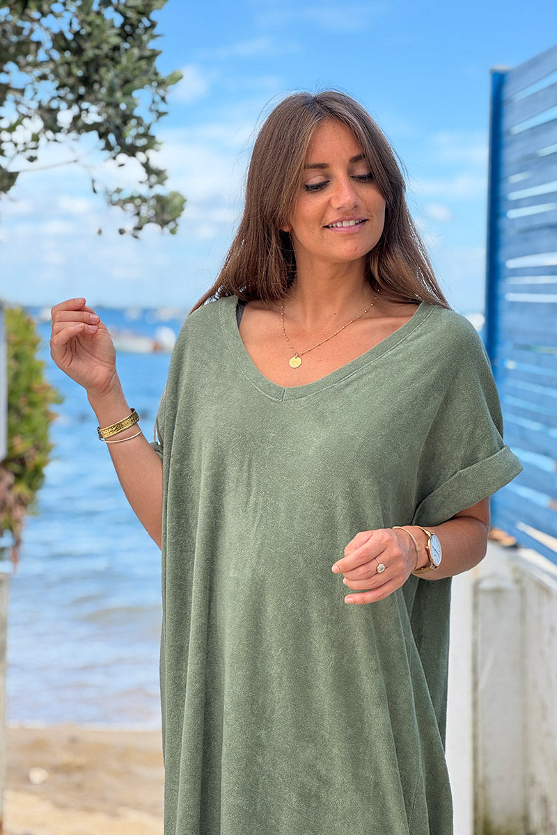 Olive Brushed Terry V-Neck Maxi Dress