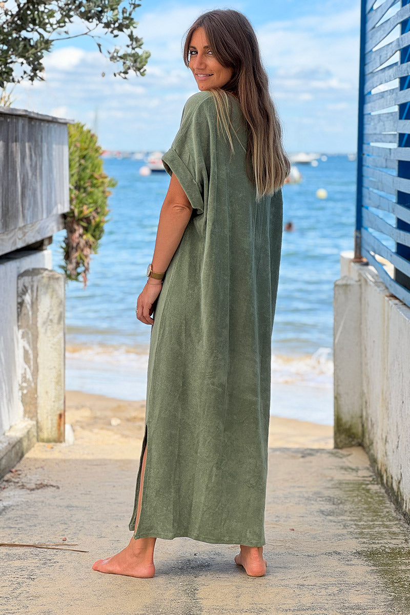 Olive Brushed Terry V-Neck Maxi Dress