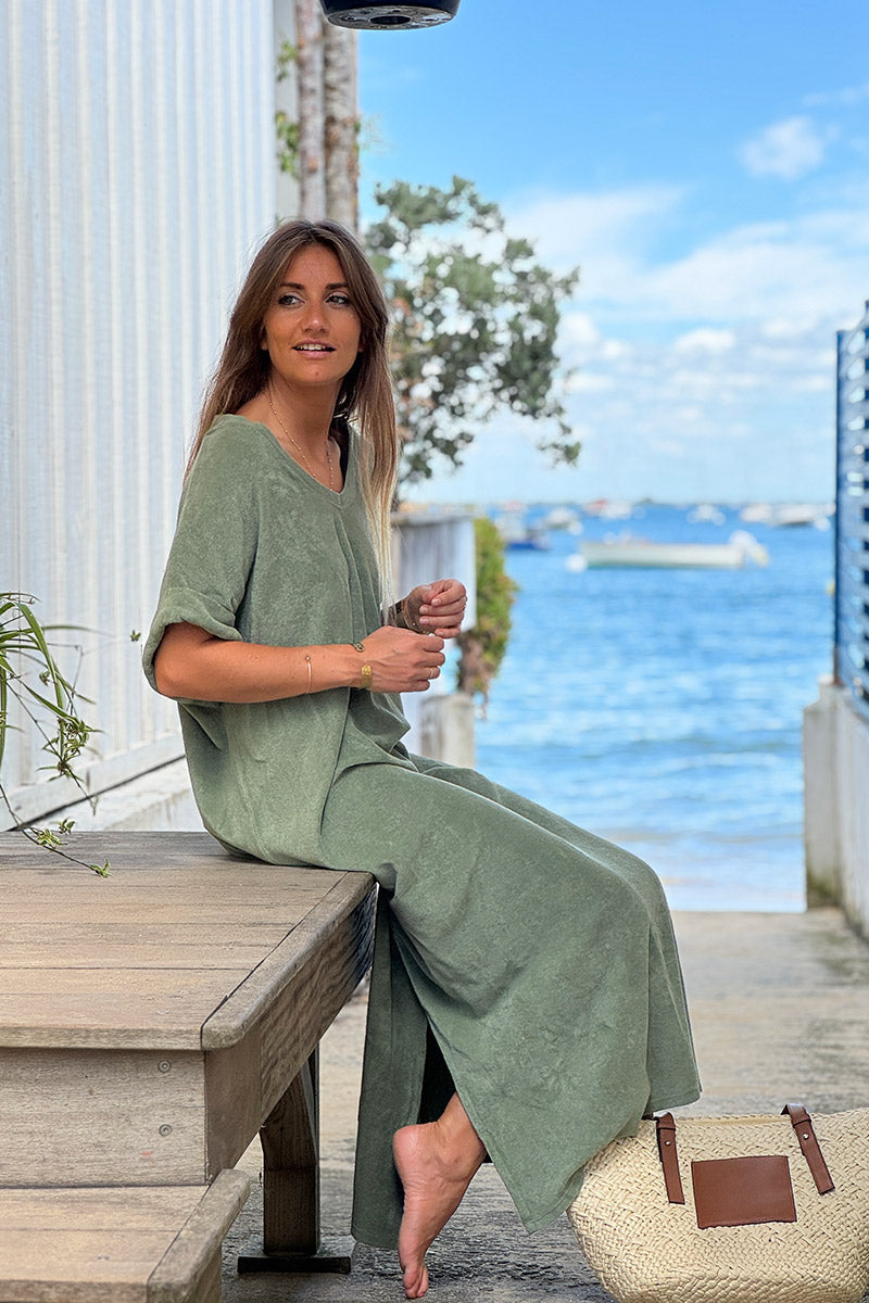 Olive Brushed Terry V-Neck Maxi Dress