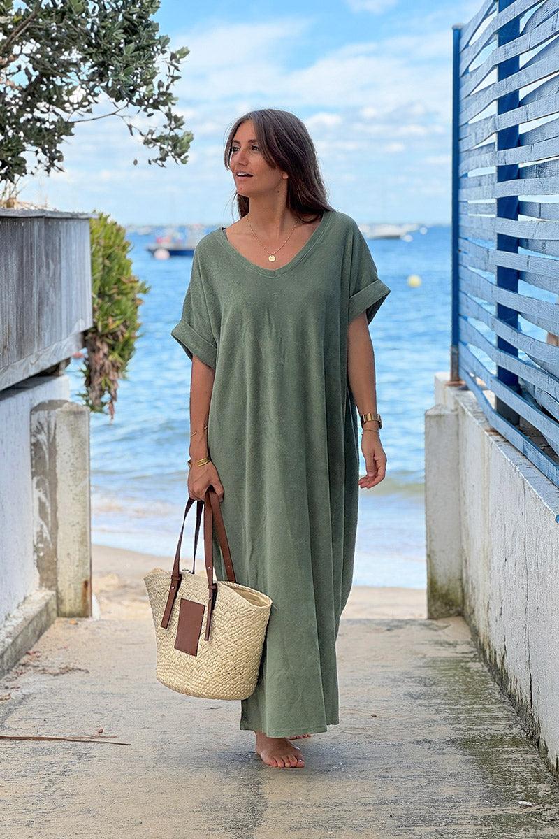 Olive Brushed Terry V-Neck Maxi Dress