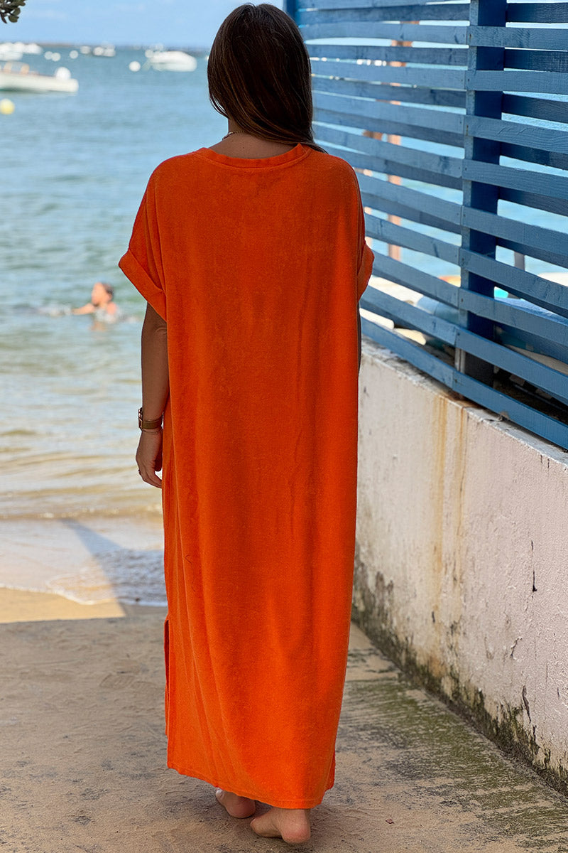 Orange Brushed Terry V-Neck Maxi Dress