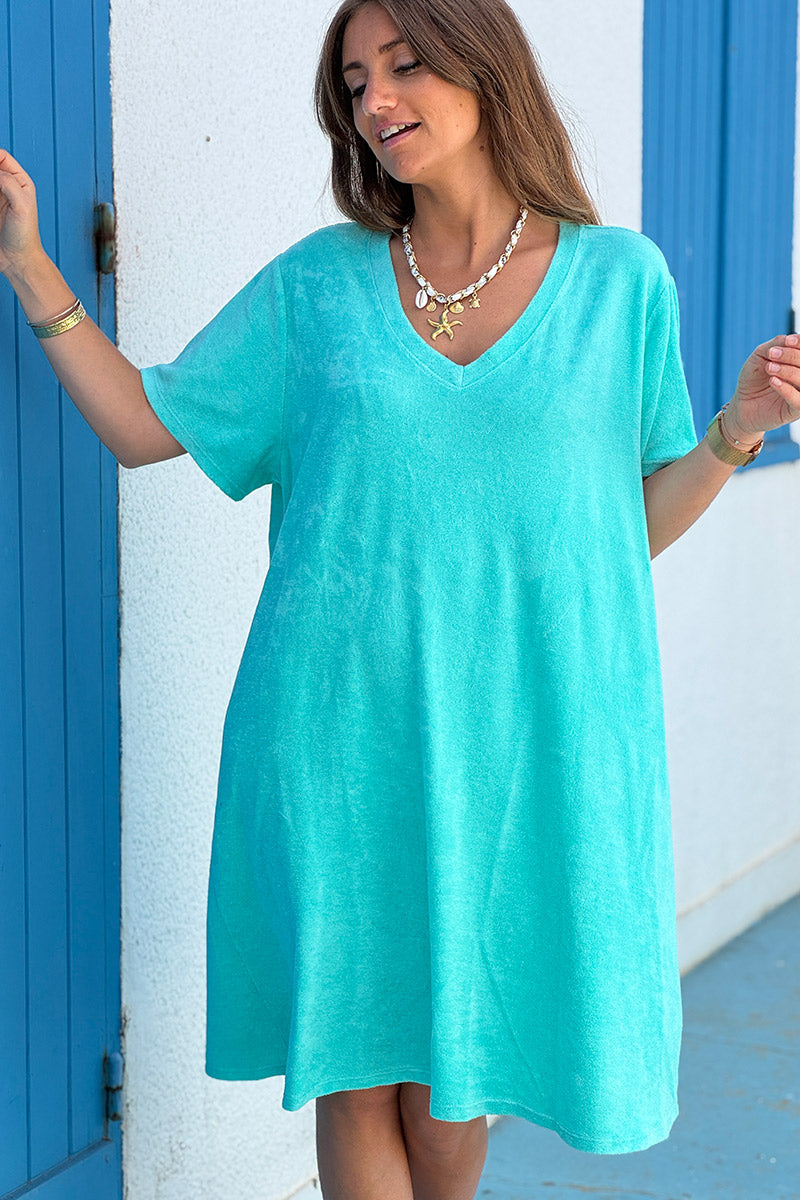 Turquoise Brushed Velour V-Neck Lounge Dress