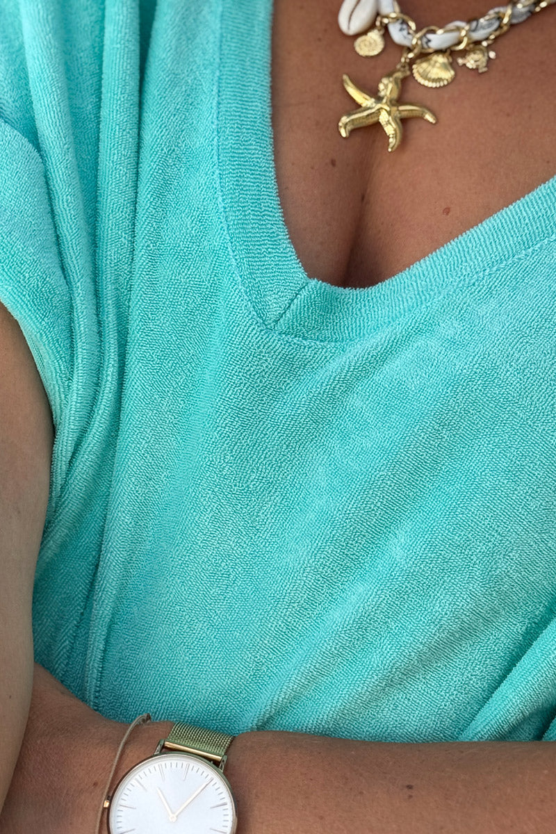 Turquoise Brushed Terry V-Neck Maxi Dress