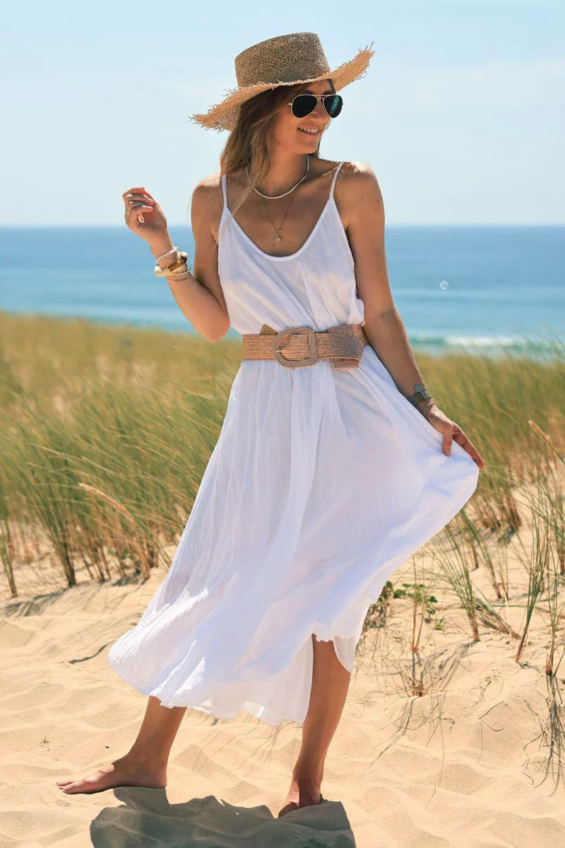 Robe évasée mi longue blanche doublée à bretelles en coton
