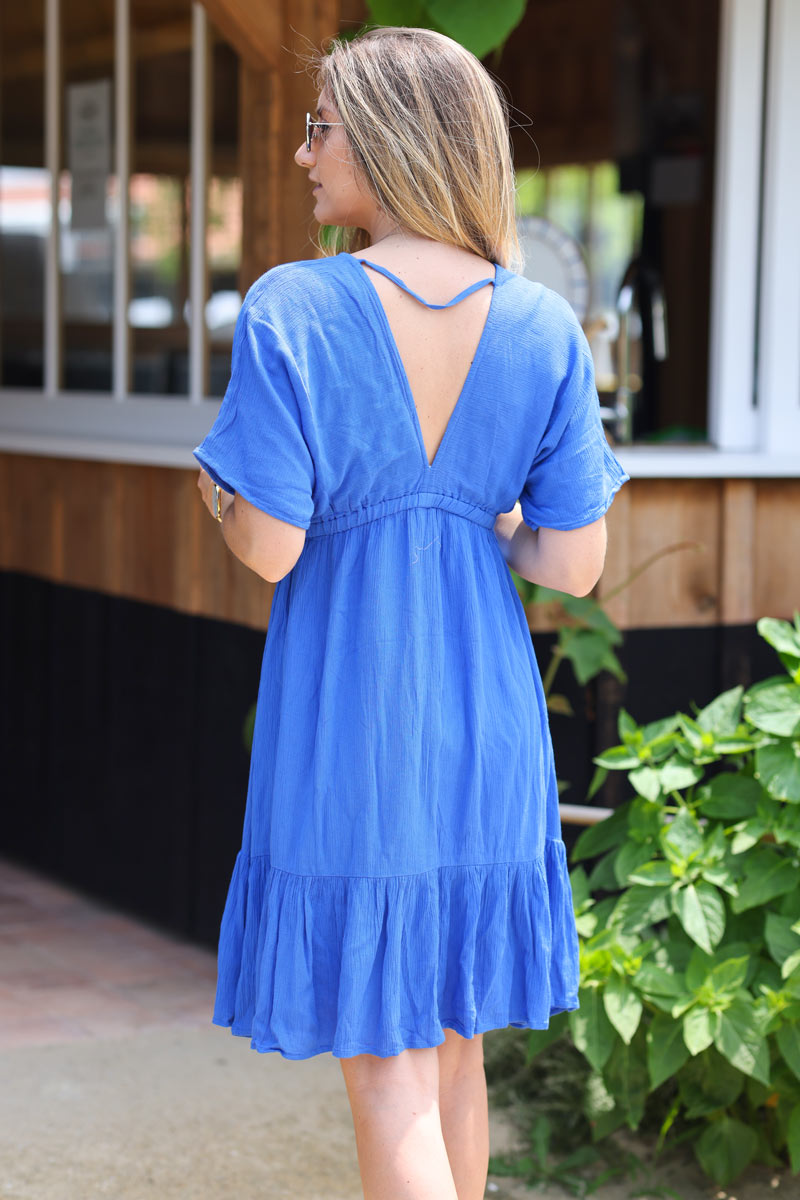 Robe fluide bleu roi coupe style patineuse dos nu h128 (5)