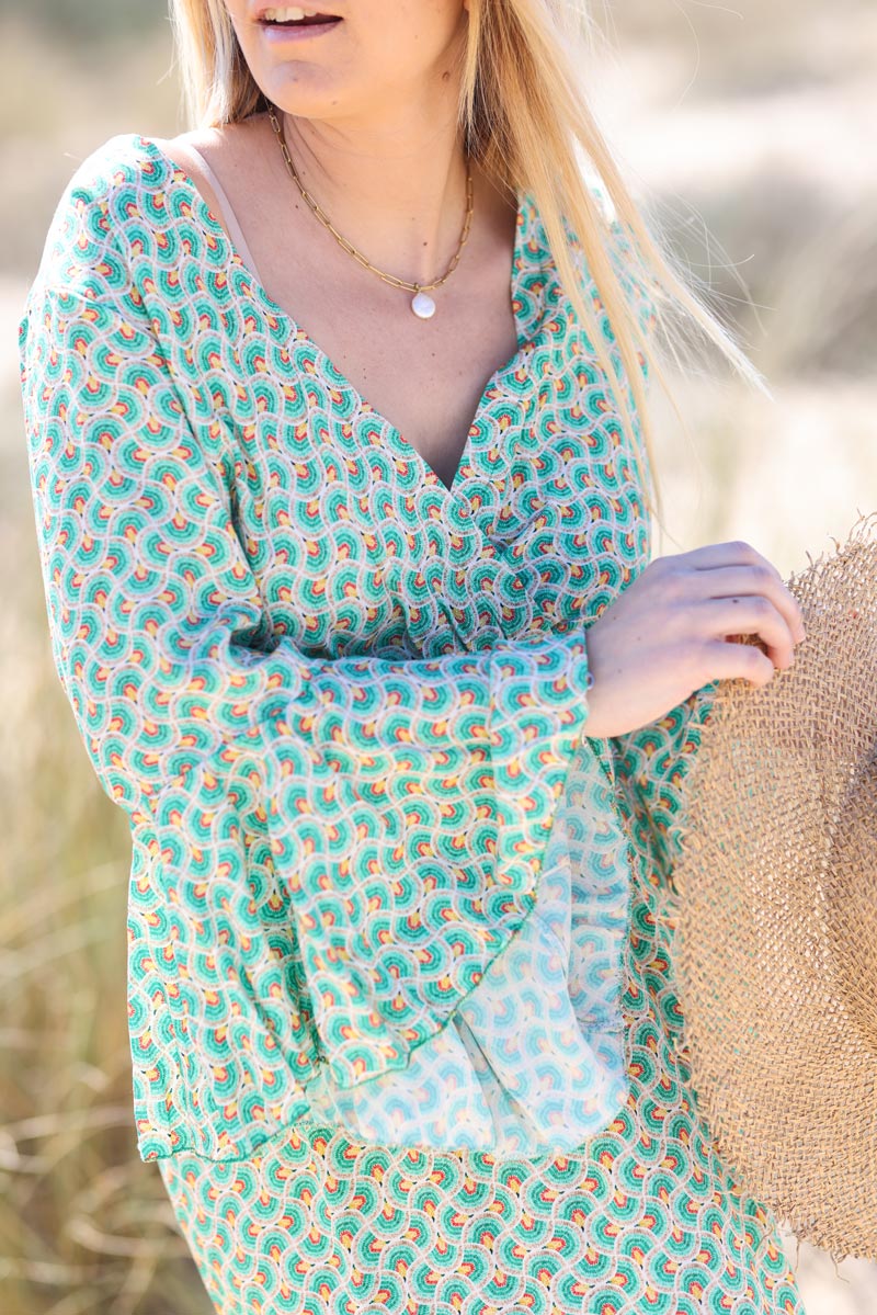 Robe fluide cache coeur manches evasees imprime style paon vert g026 (1)