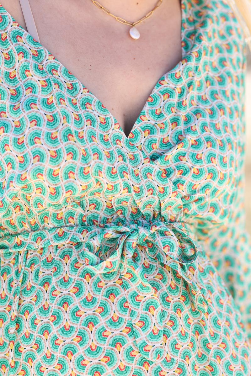 Robe fluide cache coeur manches evasees imprime style paon vert g026 (1)