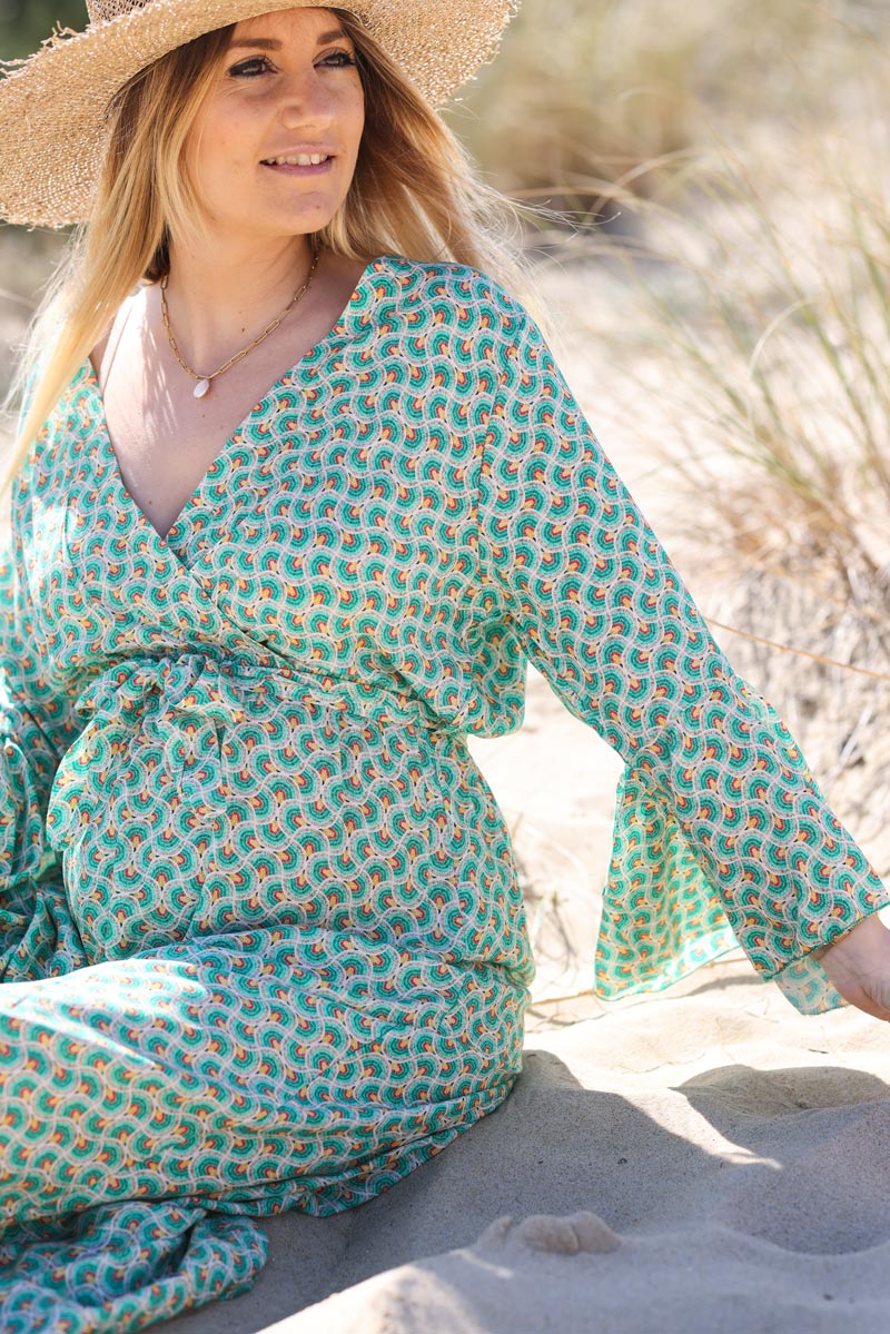 Robe fluide cache coeur manches evasees imprime style paon vert g026 (1)
