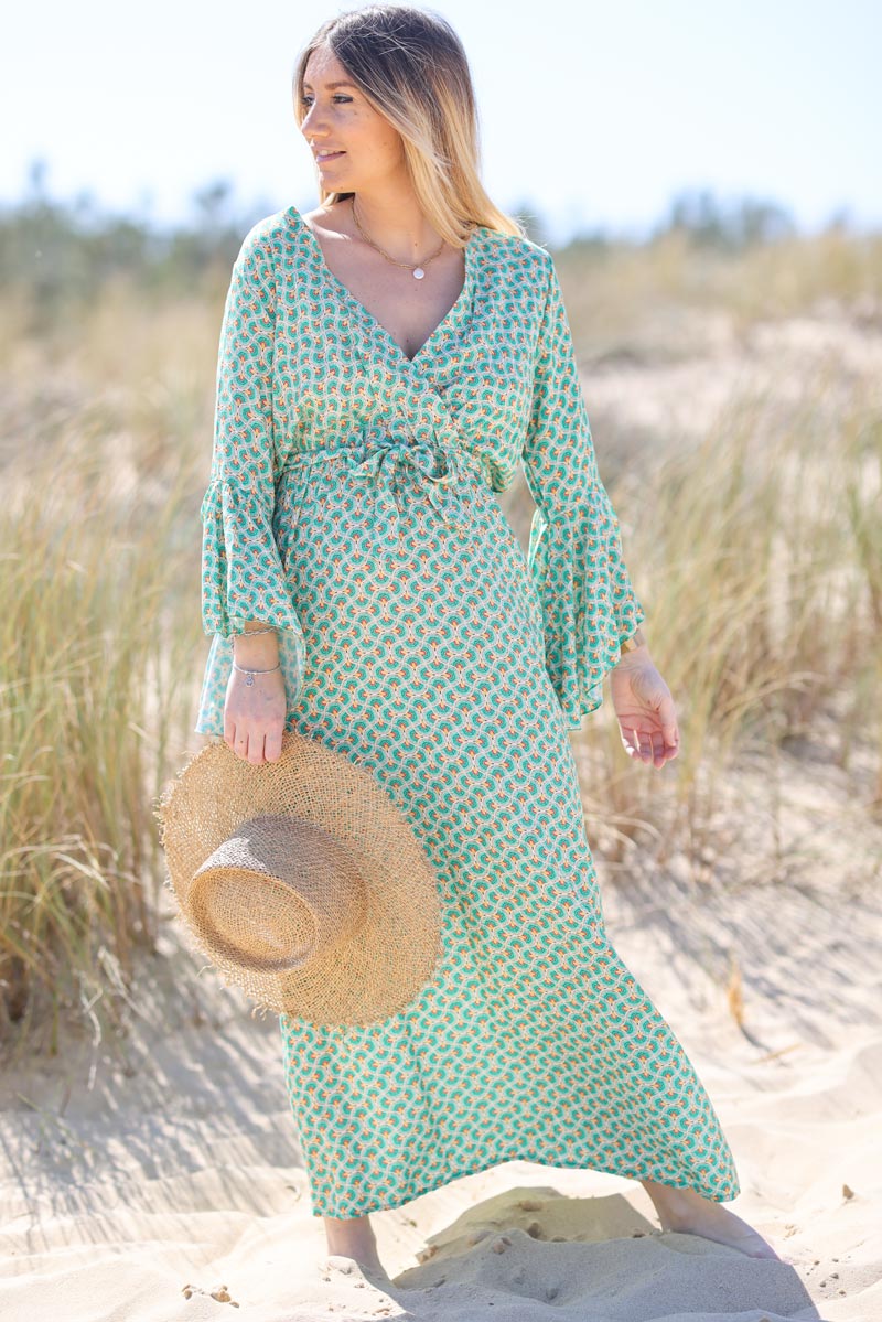 Robe fluide cache coeur manches evasees imprime style paon vert g026 (1)