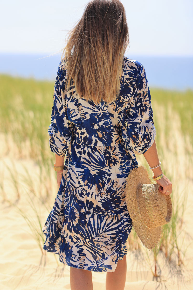 Robe fluide col v imprimé fleurs aquarelle bleu marine