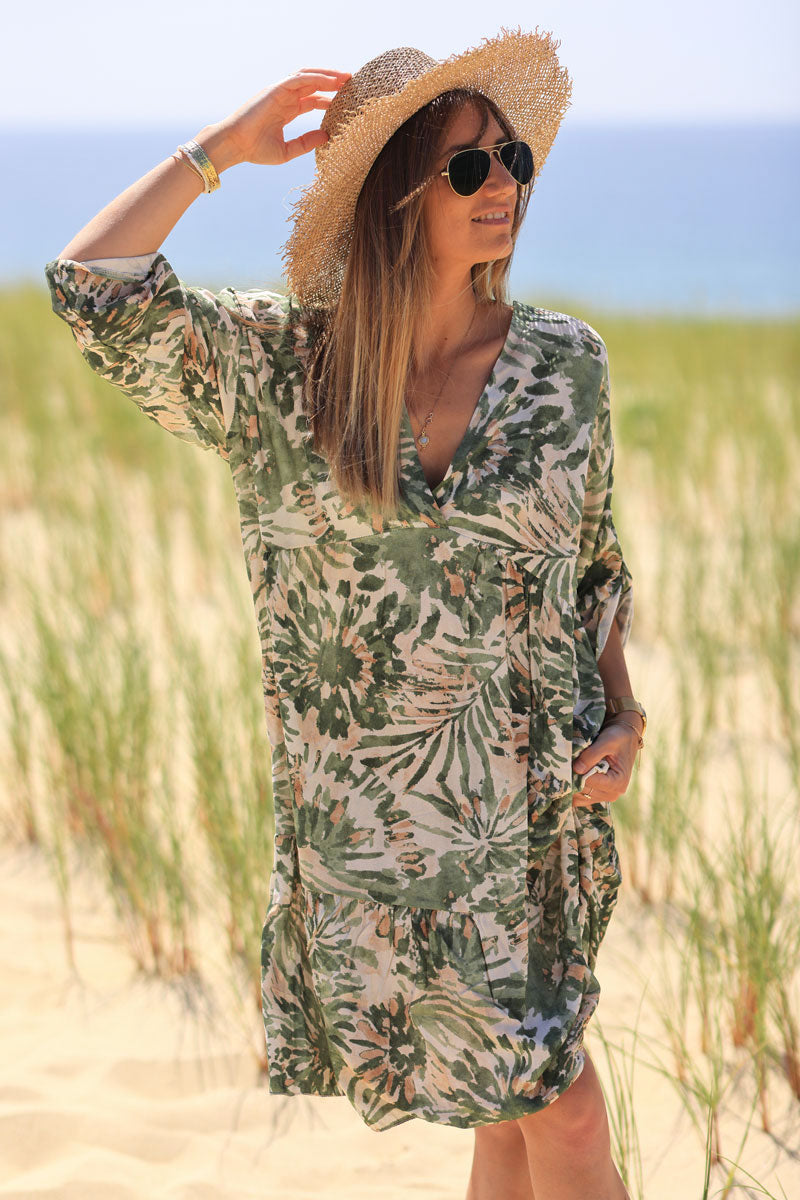 Khaki watercolor flower print floaty dress